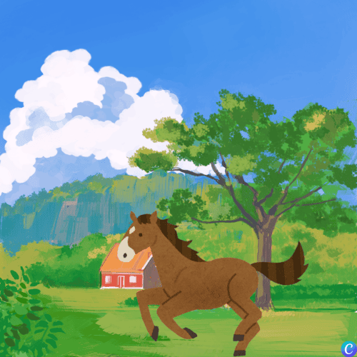 Image représentant un cheval qui court et une écurie au loin