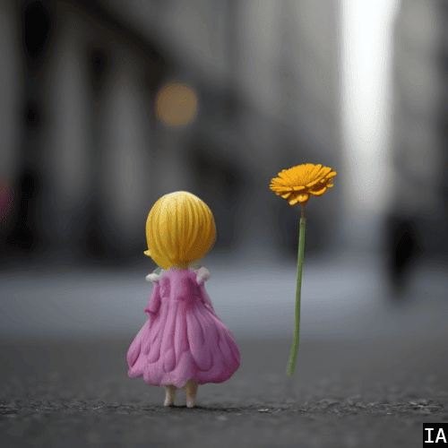 Image représentant une petite fée à côté d'une fleur esseulée au milieu d'une grande ville