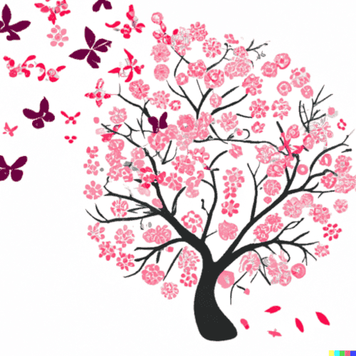 Image d'un cerisier en fleurs avec des pétales qui s'envolent et se forment ensuite des papillons