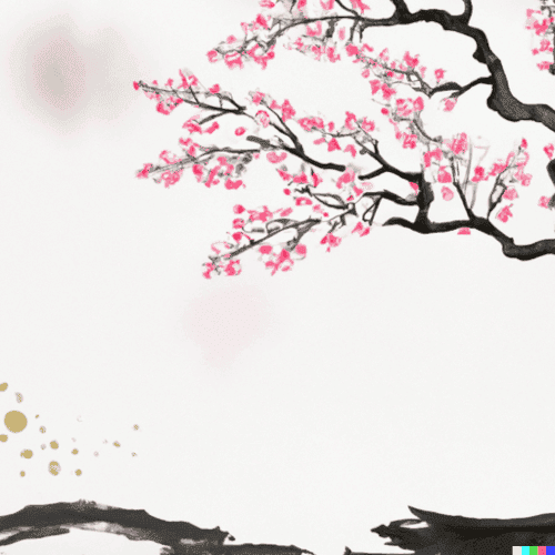 Image représantant une estampe japonaise avec quelques branches de cerifier fleuri sur un fond blanc