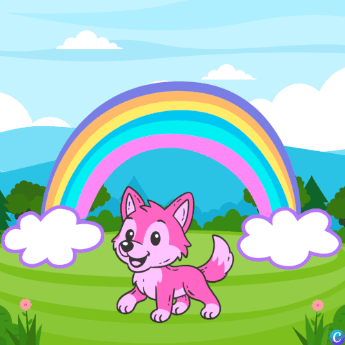 Image d'un petit louveteau tout rose devant un arc-en-ciel