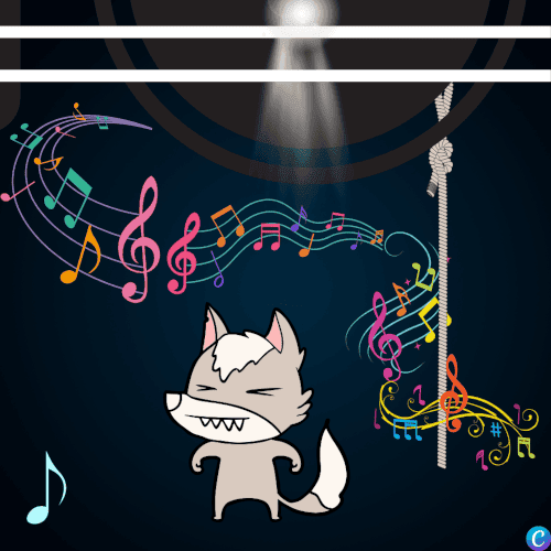 Image d'un petit louveteau dans un endroit sombre avec des notes de musiques colorées et l'une d'entre elles bleu pâle dans un coin