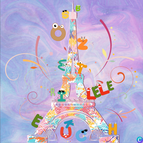 Image d'une tour eiffel colorée avec des lettres qui courent dessus et certaines forment le mot 'lélé'