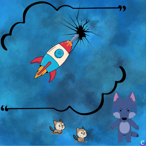 Image d'un grand loup bleu et de deux petits avec une bulle montrant une fusée transpercer le ciel