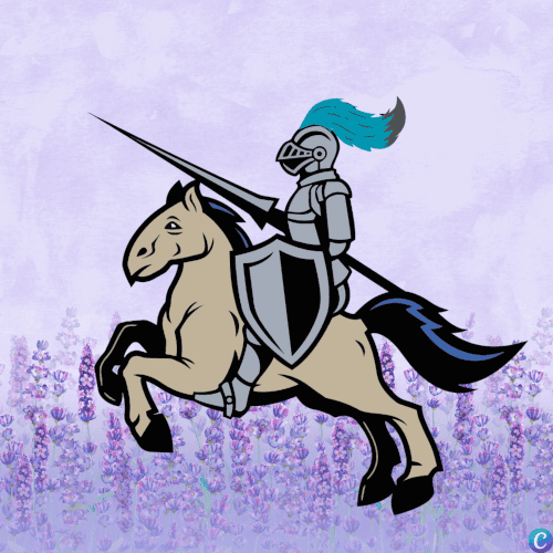 Image d'un chevalier sur un chebal, portant une lance et un heaume avec une longue queue de loup qui en sort