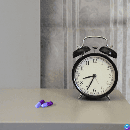 Photo de deux cachets mauves sur une table de chevet