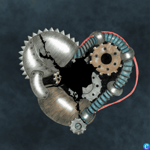 Image d'un coeur mécanique avec une fêlure et un gros trou au centre