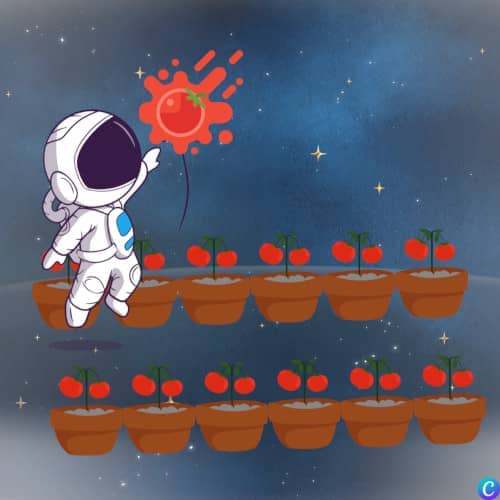 Image d'un astronaute dans l'espace avec une tomate qui fonce sur lui