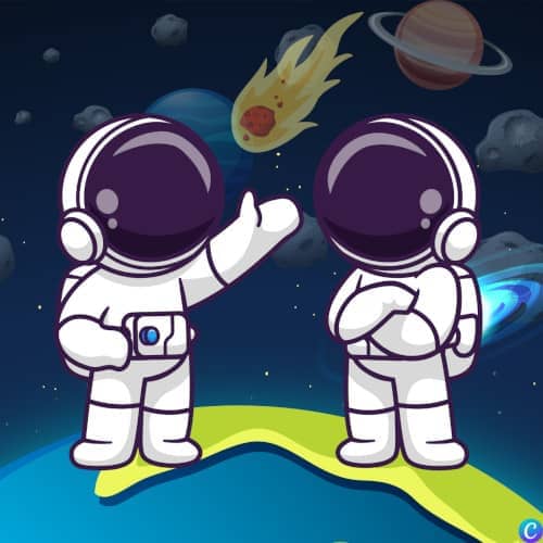 Image de deux astronautes, l'un levant la main pour montrer l'espace, l'autre les bras croisés