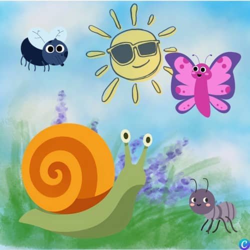 Image d'un escargot sous un gros soleil entouré d'une mouche, d'un papillon, et d'une fourmi
