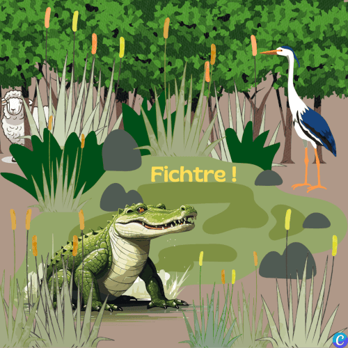Image d'un crocodile discutant avec un héron, la tête d'un mouton apparait dans un coin de l'image
