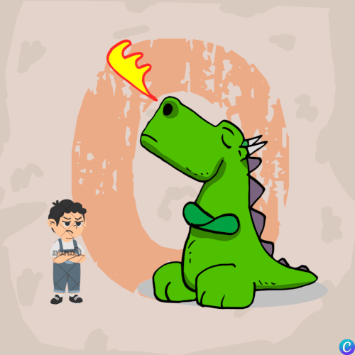 Image d'un dragon qui croise les bras, buté, face à un petit garçon, sur un fond représentant la lettre O