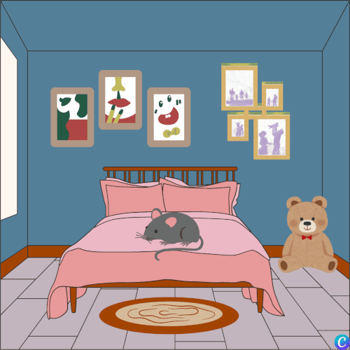 Image d'une grosse souris sur un lit dans une chambre d'enfant