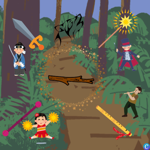 Image d'un bâton au milieu d'un chemin en forêt avec des paillettes autour en cercle, et autour de ce cercle, des images de personnages accompagnés de leur 'bâton' épée, bâton de majorette, flûte traversière, bâton de magicien