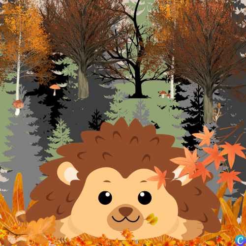Image d'un hérisson souriant qui s'applatit au sol, sur un fond d'automne