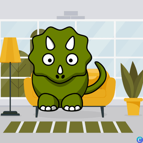 Image d'un tricératops assis sur un canapé