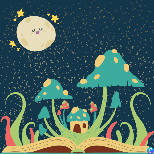 Image représentant un livre ouvert d'où sort un monde magique