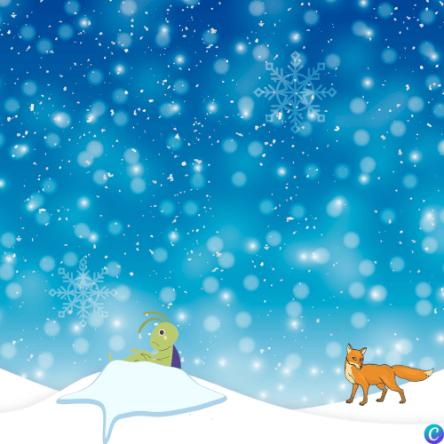 Image d'une sauterelle enfouie dans la neige et un renard au loin