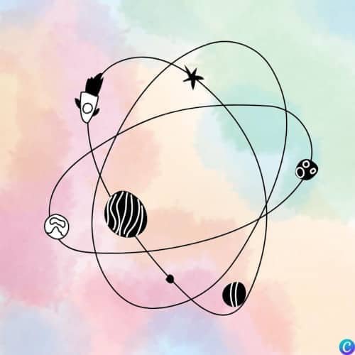 Image représentant planètes et fusée sur diverses orbites, ressemblant à un atome, sur un fond coloré
