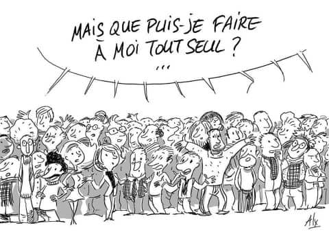 Dessin d'une foule disant ensemble 'Mais que puis-je faire à moi tout seul'