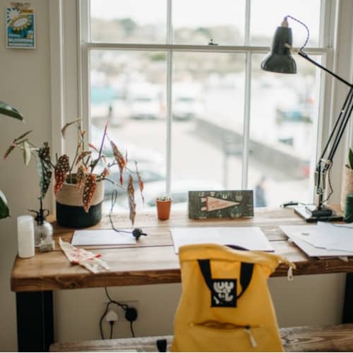 Photo d'un bureau avec un sac à dos jaune posé sur une chaise et une plante rougeatre sur le bureau
