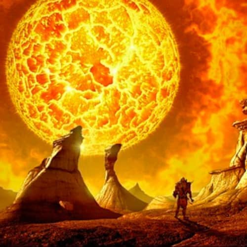 Image d'un homme sur une planète déserte regardant un soleil exploser juste devant lui